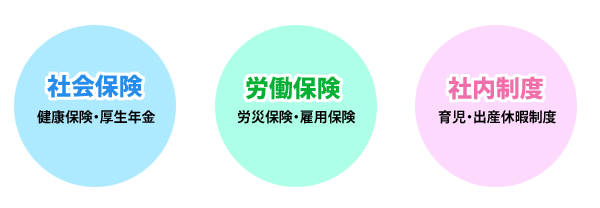 「社会保険」健康保険、厚生年金、「労働保険」労災保険・雇用保険、「社内制度」育児・出産休暇制度